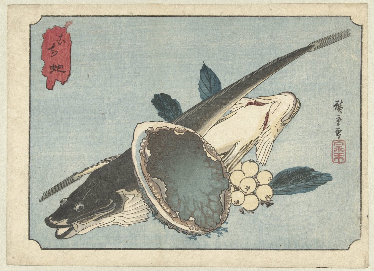 Flatfisk, abalone og bær Kochi awabi (tittel på objekt) av Hiroshige (I) , Utagawa