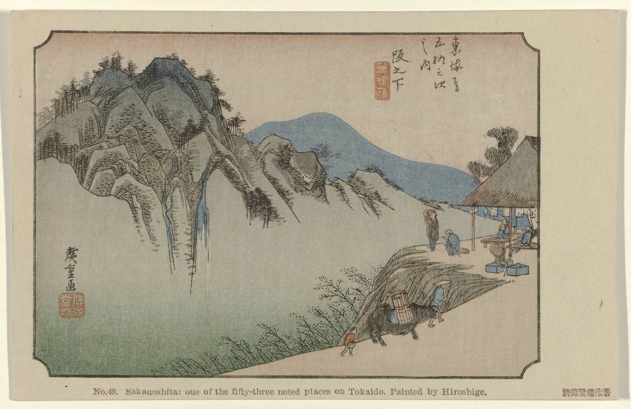 Saka no shita Nr. 49. Saka no shita: et av de femtitre kjente stedene på Tokaido, malt av Hiroshige (tittel på objekt) De Tôkaidô van Hiroshige (serietittel) Hiroshige no fude Tôkaidô (serietittel på objekt) av Hiroshige (I) , Utagawa