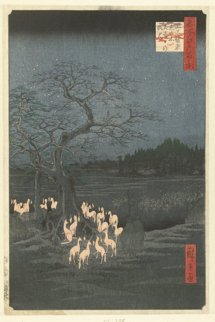 Foxfires på nyttårsaften ved Shozoku Nettle Tree i Oji Oji Shozoku enoki omisoka no kitsunebi (tittel på objekt) Hundre kjente ansikter på Edo (serietittel) Meisho Edo hyakkei (serietittel på objekt) av Hiroshige (I) , Utagawa