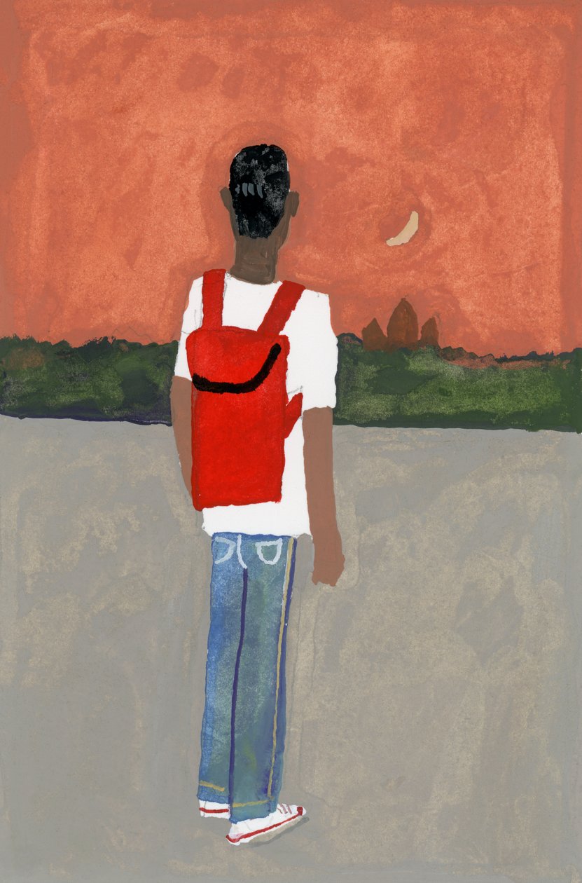 En reisende som bærer en rød ryggsekk, 2016, av Hiroyuki Izutsu