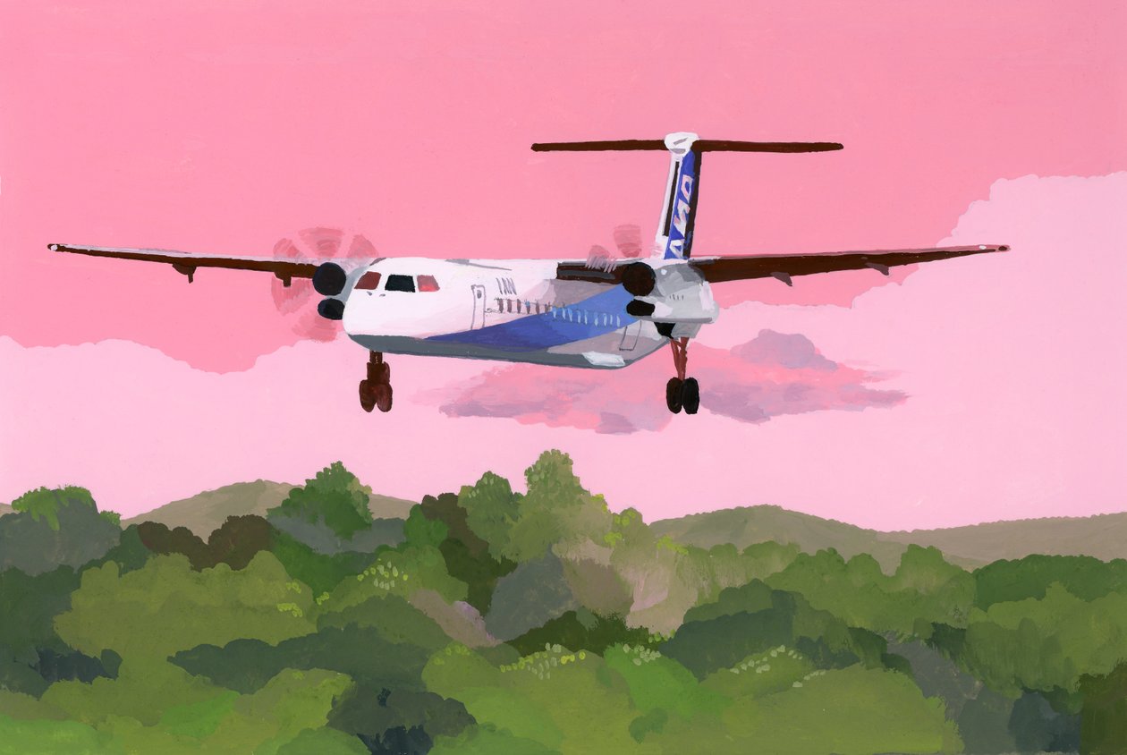 Fly som lander på en liten flyplass, 2015 (gouache på papir) av Hiroyuki Izutsu