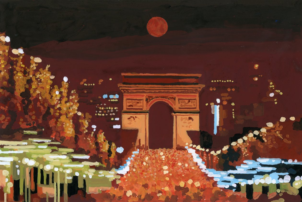 Arc de Triomphe og Champs Elysées om natten, 2015 (gouache på papir) av Hiroyuki Izutsu