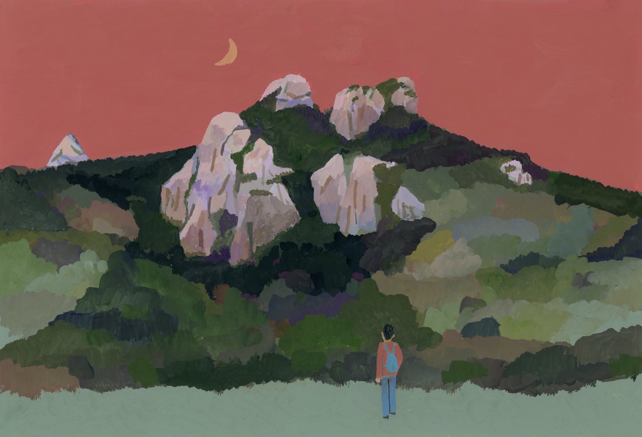 Mann med ryggsekk på reise i fjellet, 2015 (gouache på papir) av Hiroyuki Izutsu