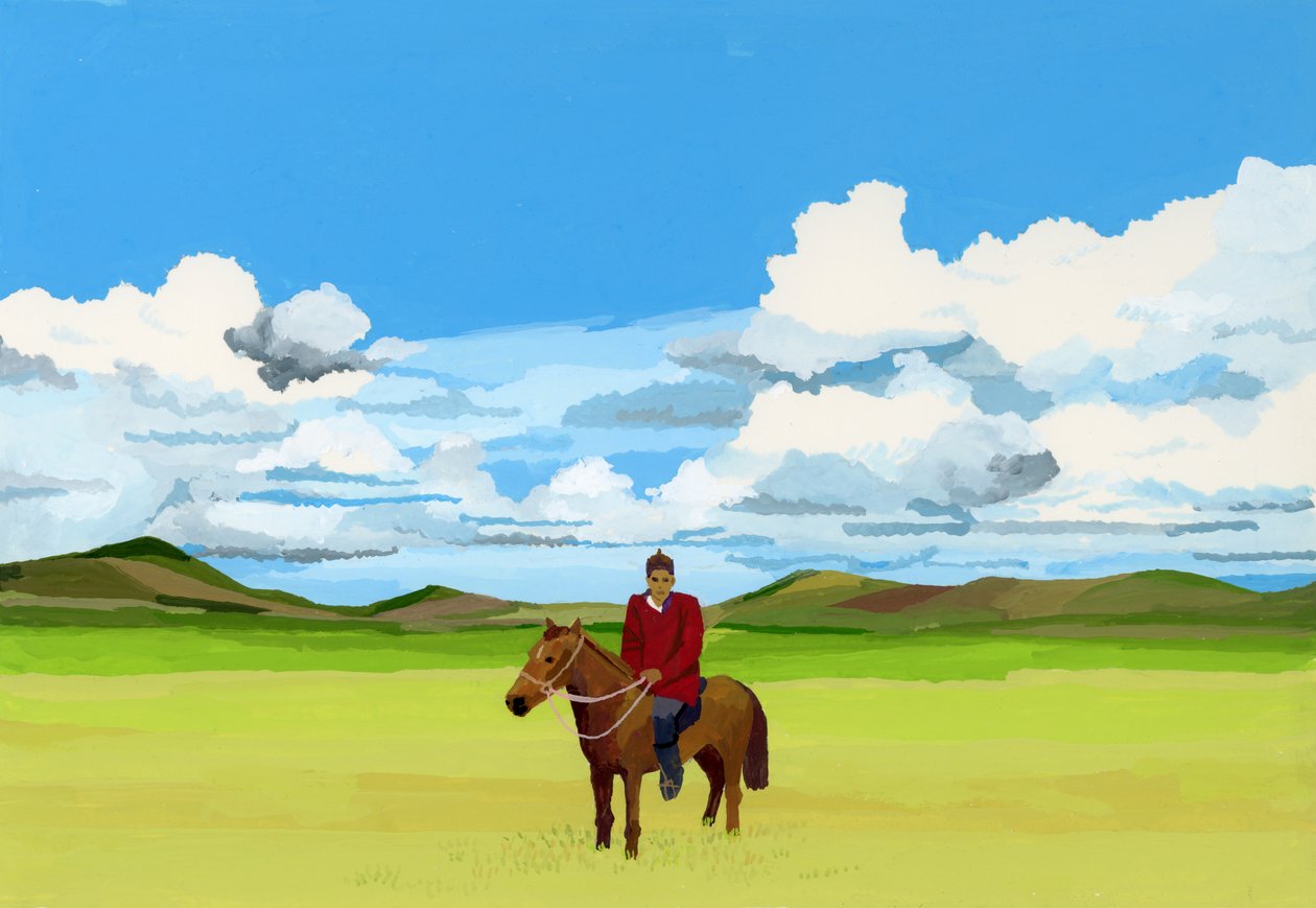 Mongolske stepper og folk som rir på hester, 2015 (Gouache på papir) av Hiroyuki Izutsu