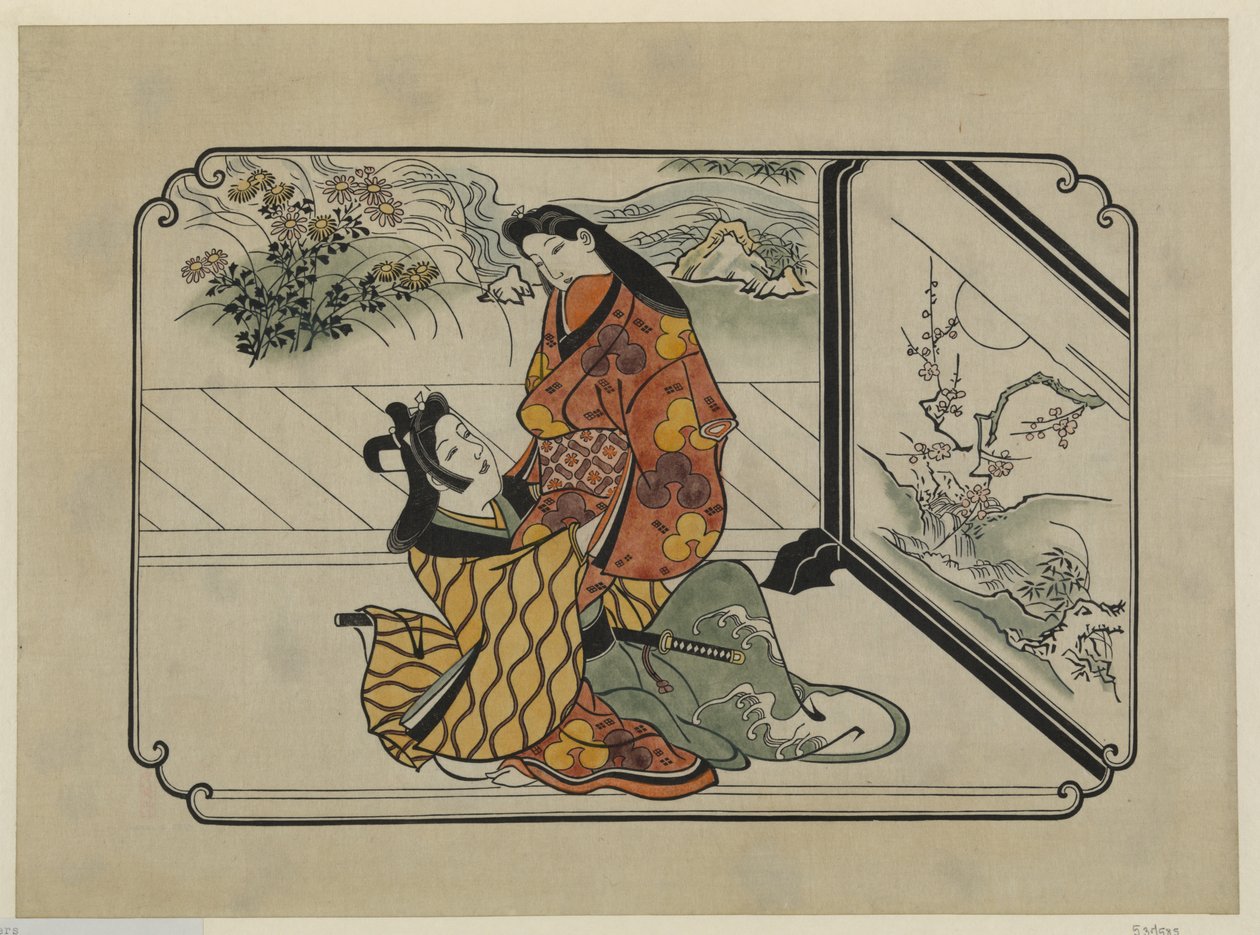 Håndfarget ukiyo-e-trykk To elskere omfavner foran en malt skjerm av Hishikawa Moronobu
