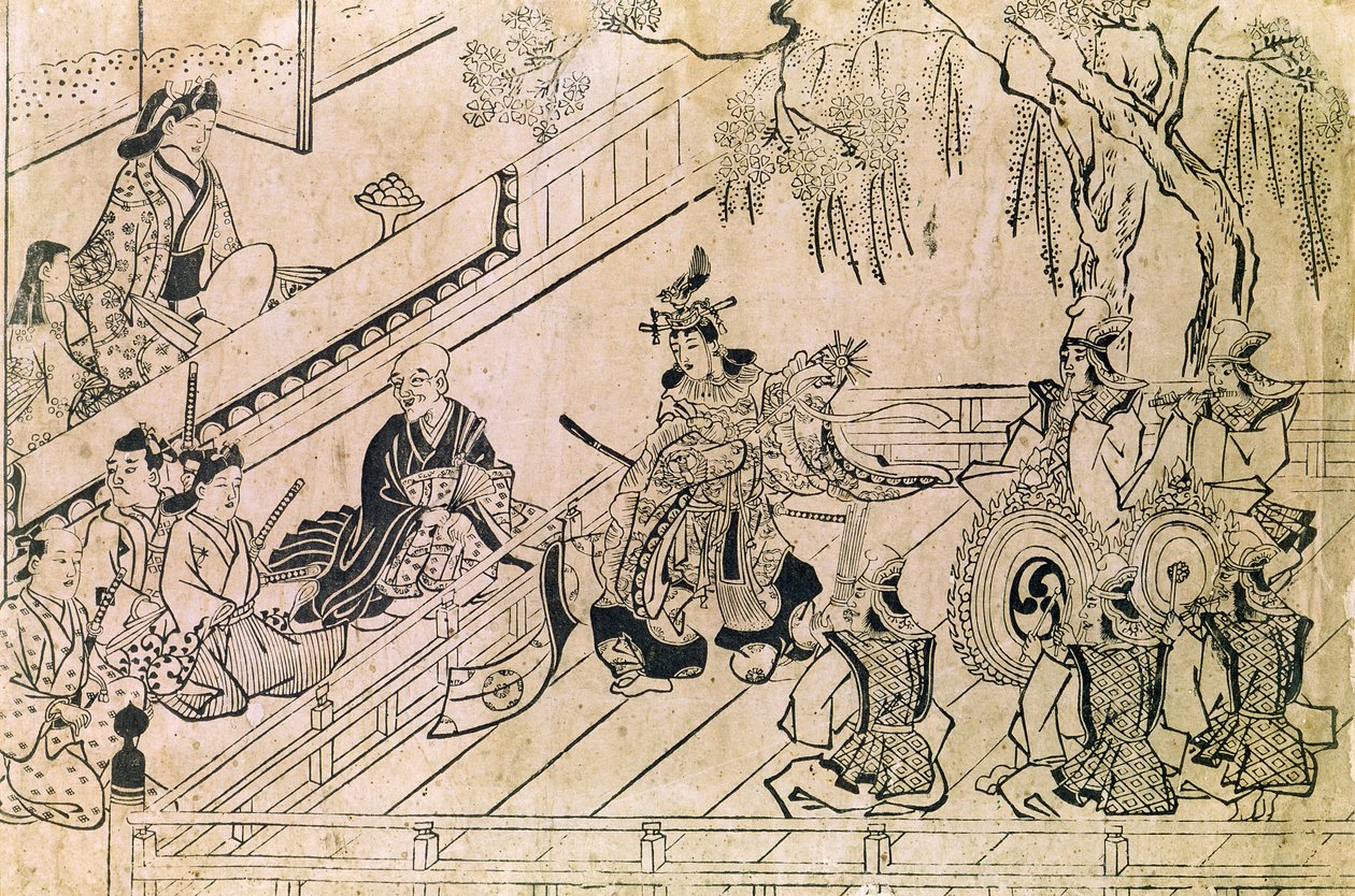 Scene of a Sacred Dance (treblokktrykk) av Hishikawa Moronobu