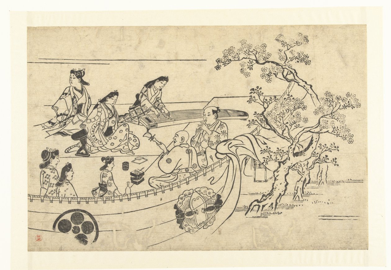 Musikkskapende selskap under et kirsebærtre Ser på Cherry Blossoms in Ueno (serietittel) Ueno hanami no tei (serietittel) av Hishikawa Moronobu (attributed to)
