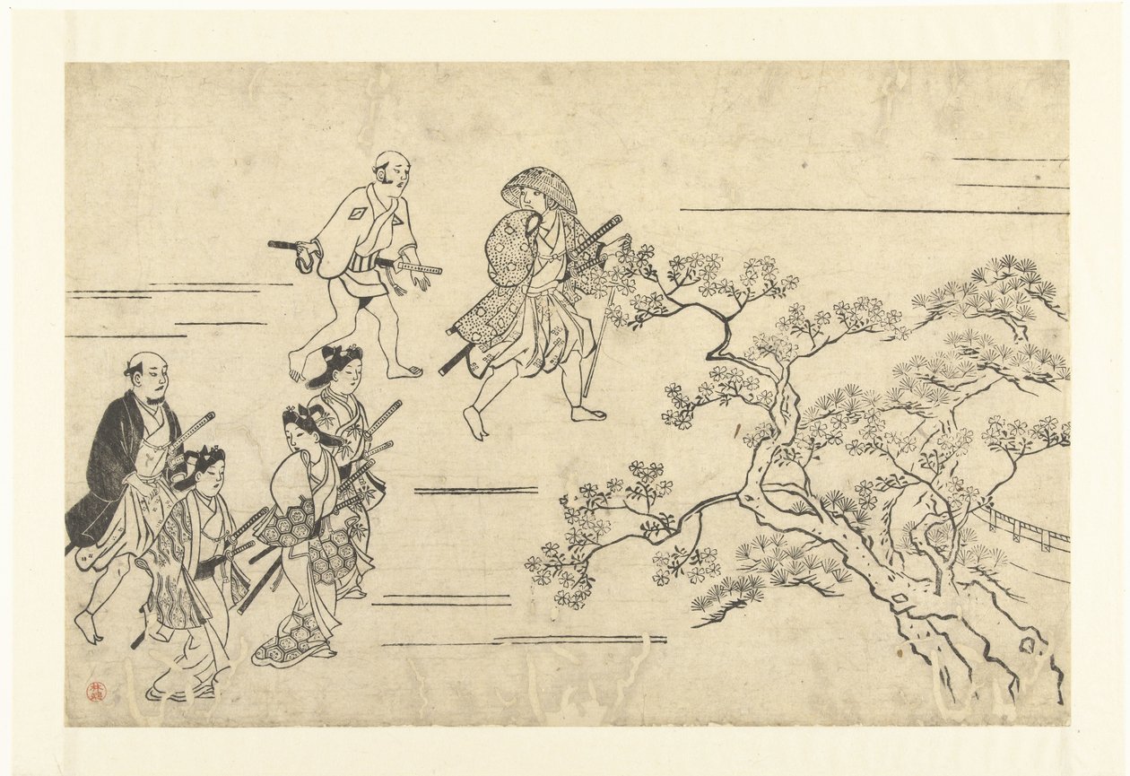 Fem adelsmenn og en tjener på vei til piknik Ser på Cherry Blossoms in Ueno (serietittel) Ueno hanami no tei (serietittel) av Hishikawa Moronobu (attributed to)