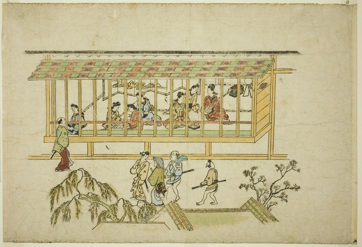 A House of Courtesans, fra serien "The Appearance of Yoshiwara (Yoshiwara no tei)" av Hishikawa Moronobu