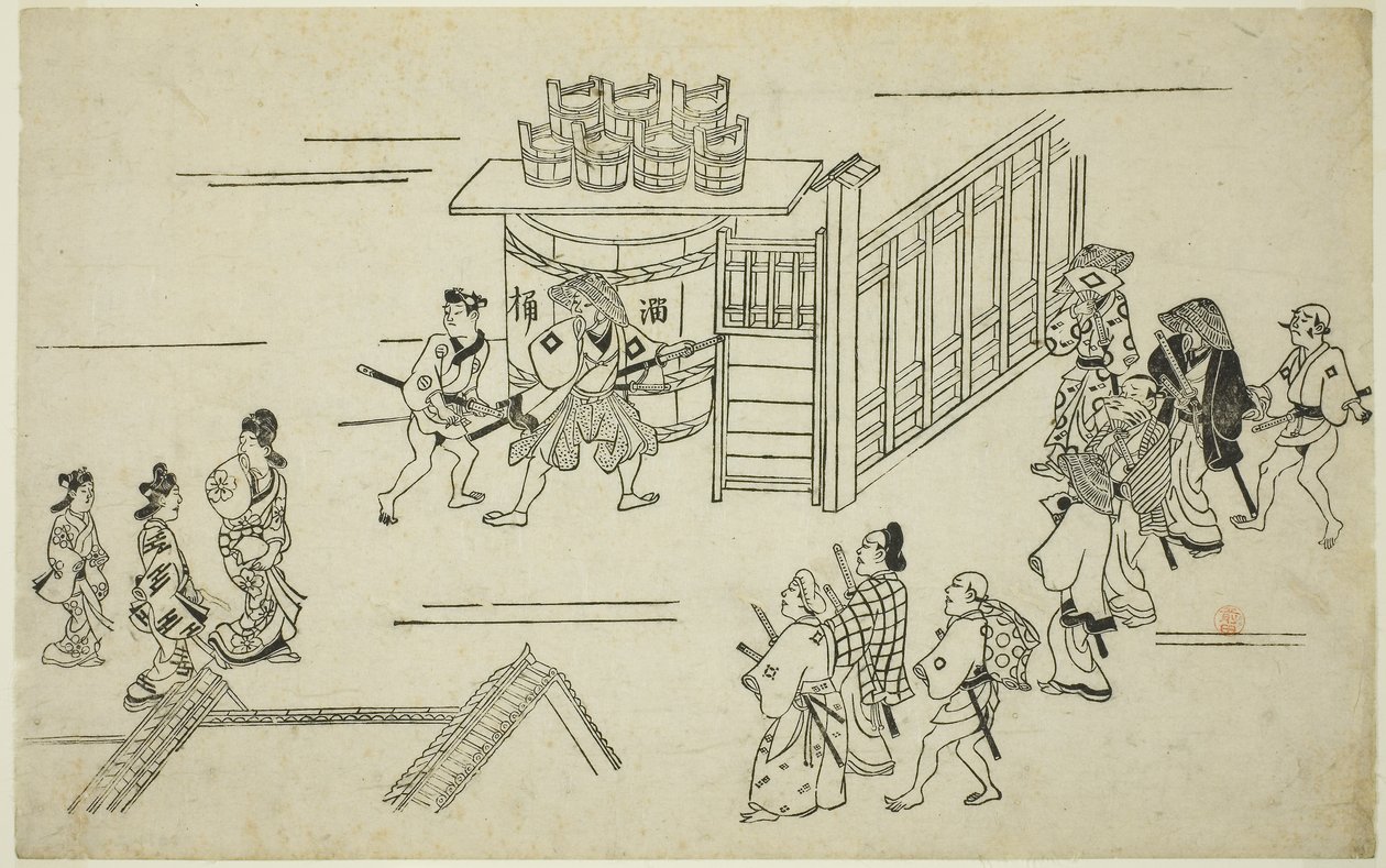 Inngang til Ageyacho, fra serien "The Appearance of Yoshiwara (Yoshiwara no tei)", ca. 1681-84 (treblokktrykk; sumizuri-e, oban) av Hishikawa Moronobu