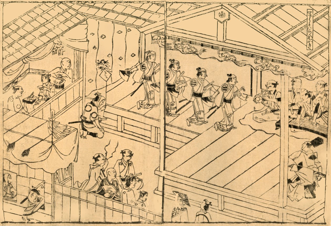 Kabuki-forestilling i elveleiet Shijo, 1658, 1924. av Hishikawa Moronobu