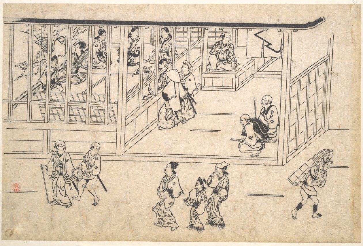 Gatescene i Yoshiwara av Hishikawa Moronobu