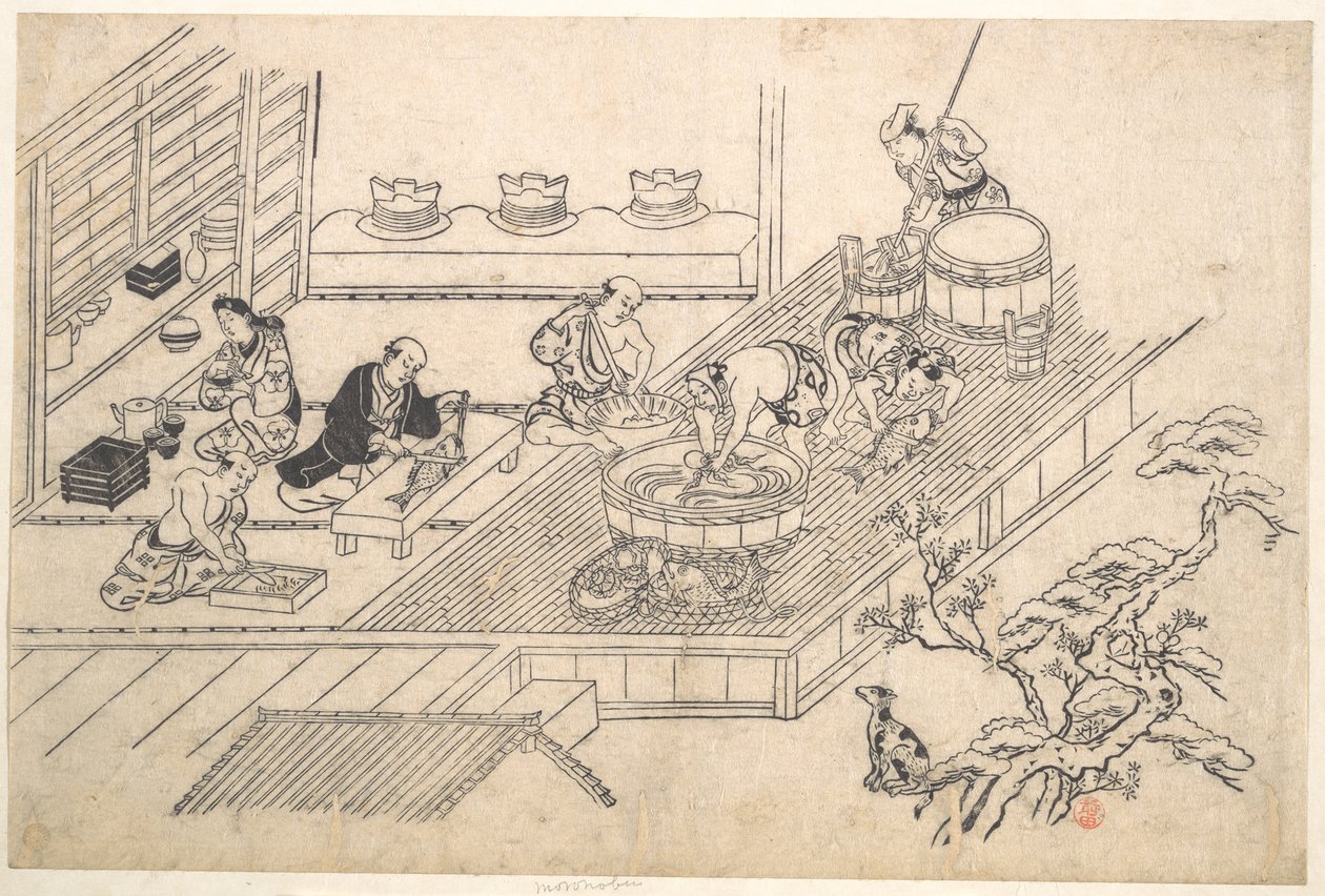 Kjøkkenet i en Joroya av Hishikawa Moronobu