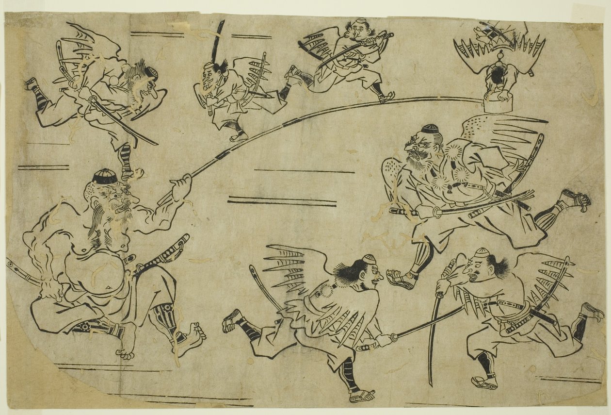 Tengu-kongen trener sine elever, ca. 1690 av Hishikawa Moronobu