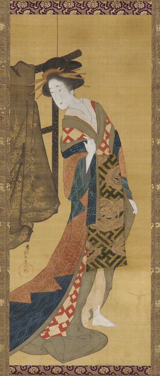 En kurtisane som står nær et klesstativ, Edo-periode, tidlig på 1800-tallet. av Hishikawa Sori