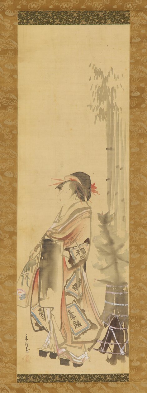 Jente som leker battledore og fjerbolle, 1615-1868. av Hishikawa Sori