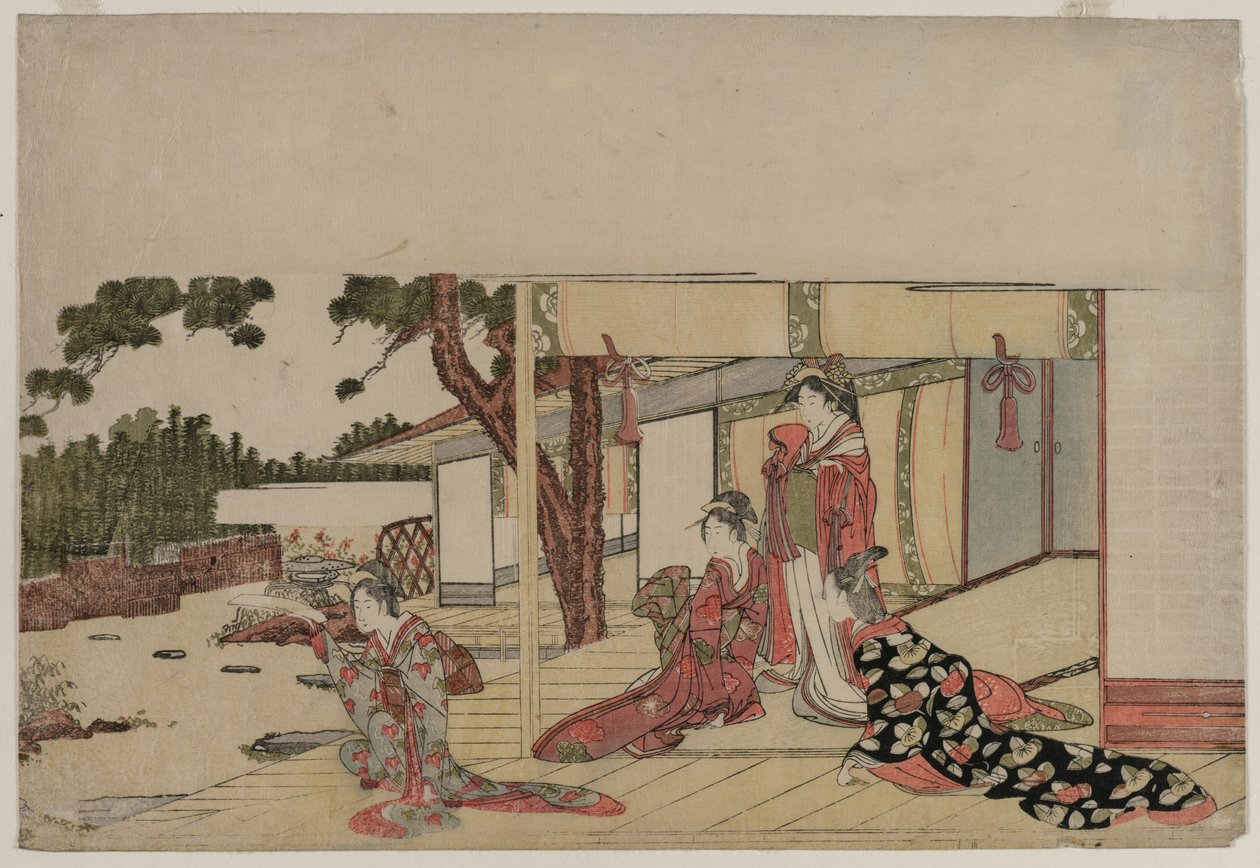 Kvinner på en veranda, ca. 1800. av Hishikawa Sori III