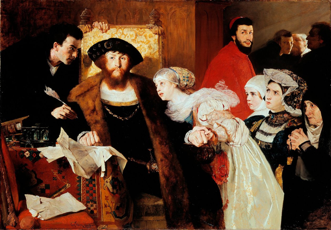 "Christian II Signing the Death Warrant of Torben Oxe in 1517" (Christian II Signing the Death Warrant of Torben Oxe) Maleri av Eilif Peterssen (1852-1928) - 1876 - Olje på lerret - Størrelse 141,5x200 cm National Museum of A av Hjalmer Eilif Emanuel Peterssen