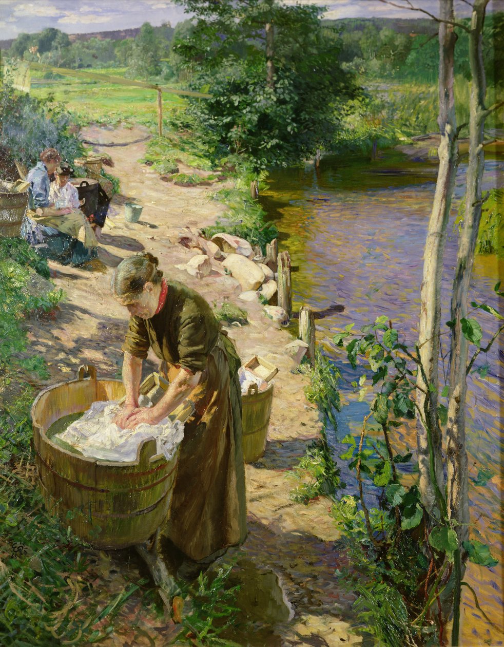 Vasking ved elva, Sandvika (olje på lerret) av Hjalmer Eilif Emanuel Peterssen