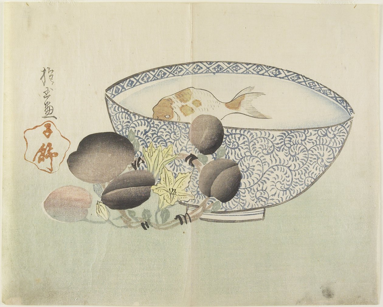 (Fisk i skål med vann, blomstrende gren med frukt), 1830-årene av Hogyoku