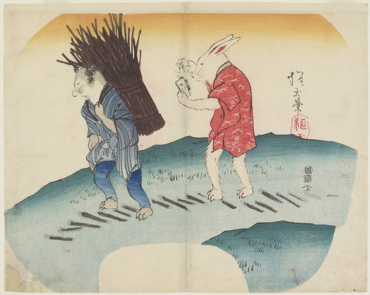 (Kanin setter fyr på veden båret av vaskebjørn), 1835 av Hogyoku