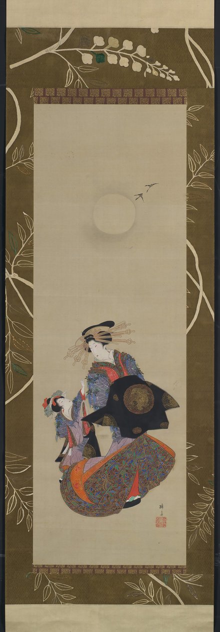 Beauty of the Yoshiwara med Apprentice in Moonlight, 1800-tallet. av Hokuba