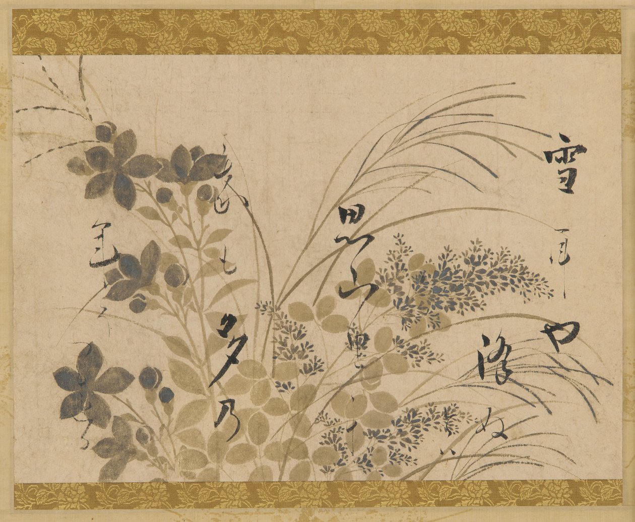 Blomster, gress og et dikt, Edo-perioden, 1615-1637. av Hon