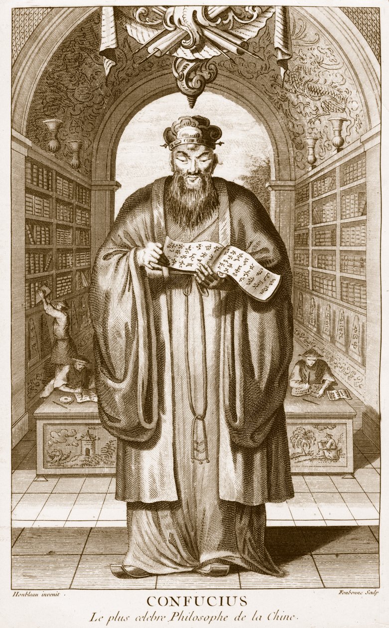 Kong-Fu-Tse, eller Confucius, Kinas mest berømte filosof, gravert av Henry Fletcher (fl.1729) av Honbleau