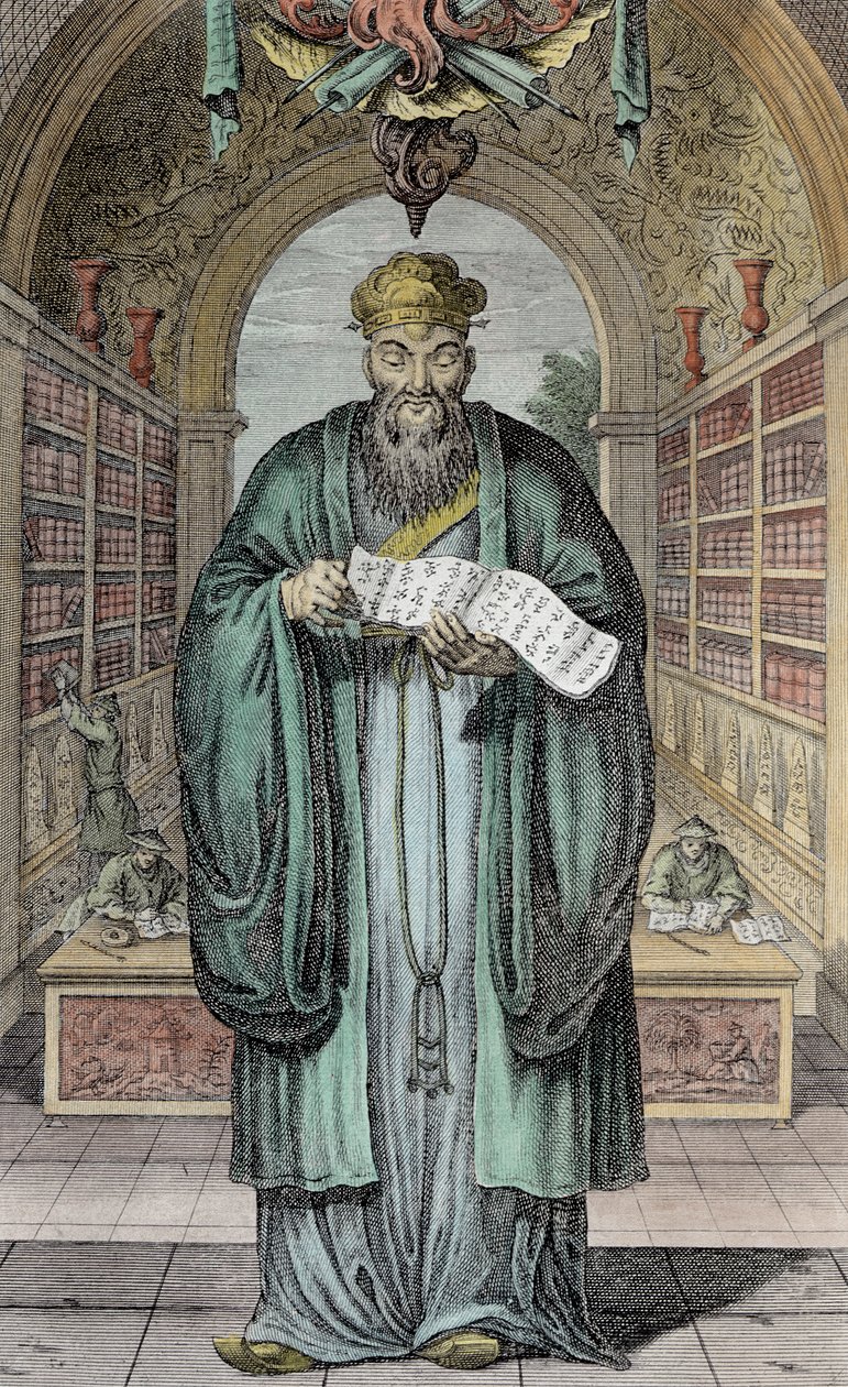 Kong-Fu-Tse, eller Confucius, Kinas mest berømte filosof, gravert av Henry Fletcher (fl.1729) (senere fargelegging) av Honbleau