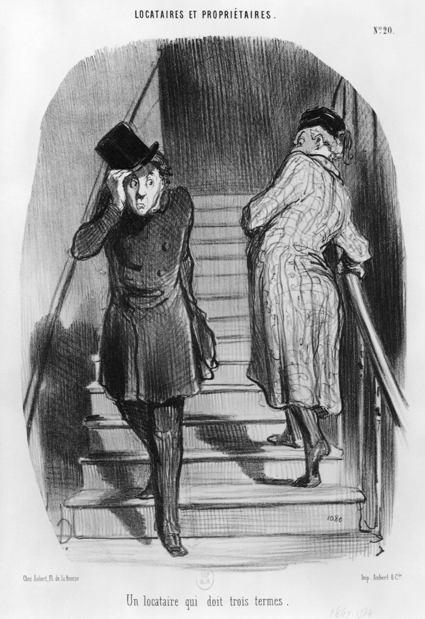 En leietaker som skylder tre terminer, plate 20 fra serien 'Leietakere og eiere', av Honoré Daumier
