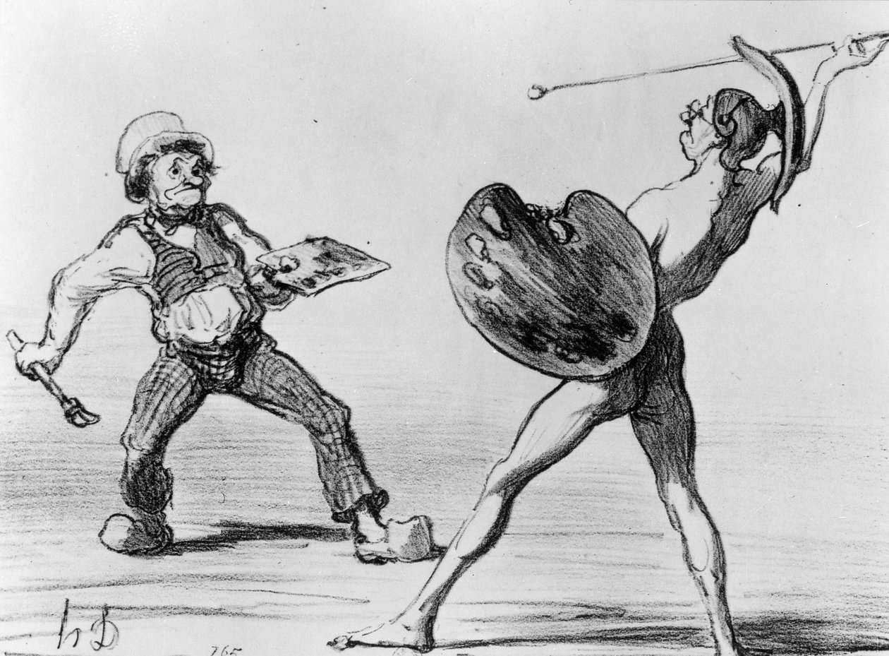'Battle of the Schools - Idealism and Realism', illustrasjon fra serien 'Fantasies', publisert i 'Charivari', 24. april 1855 av Honoré Daumier
