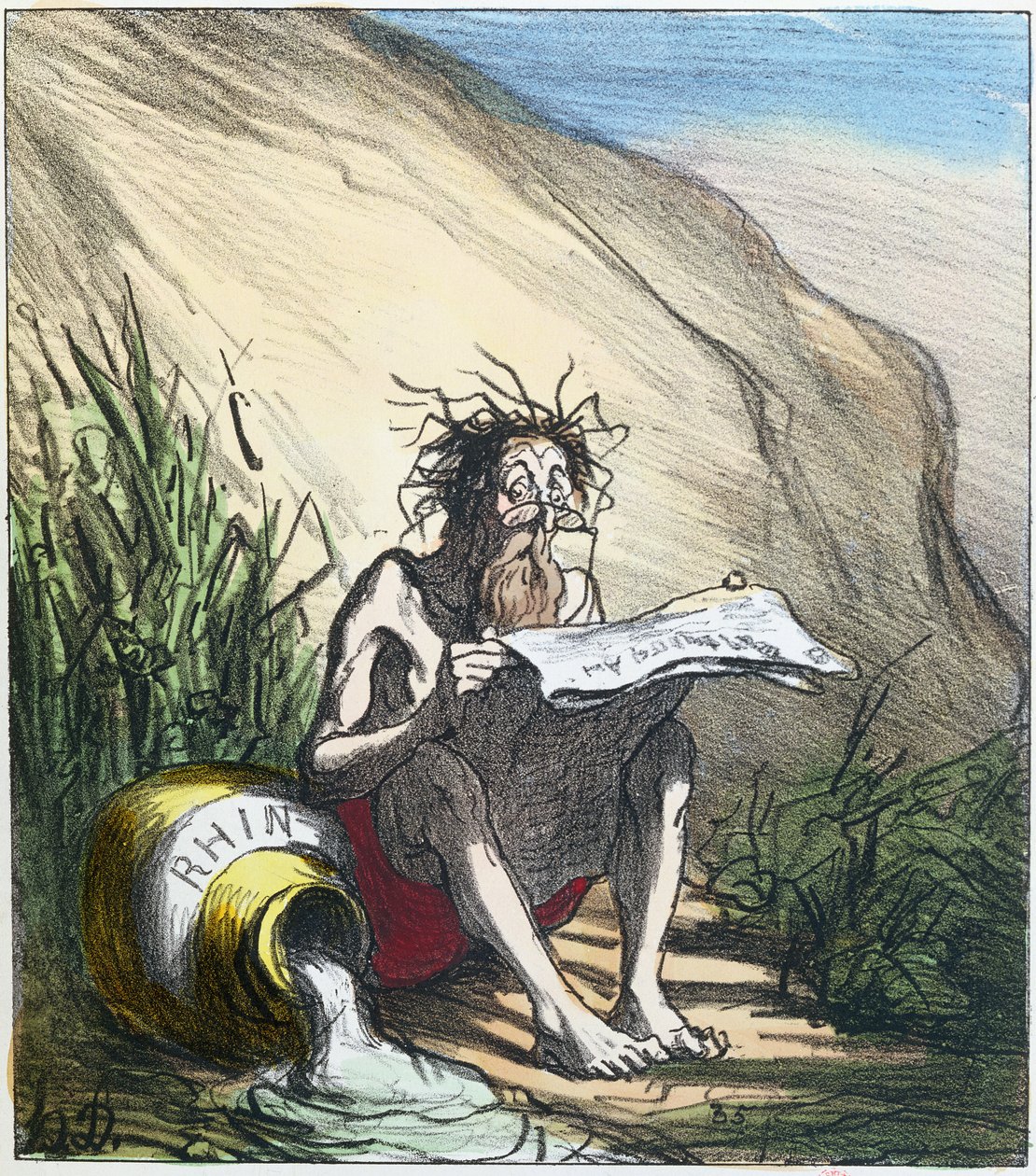 Diogenes (d.c.320 f.Kr.) leser en avis, ca. 1870 (fargelitografi) av Honoré Daumier
