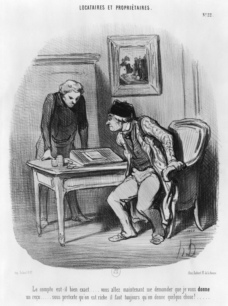'Er det riktig mengde', plate 22 fra serien 'Leietakere og eiere', av Honoré Daumier