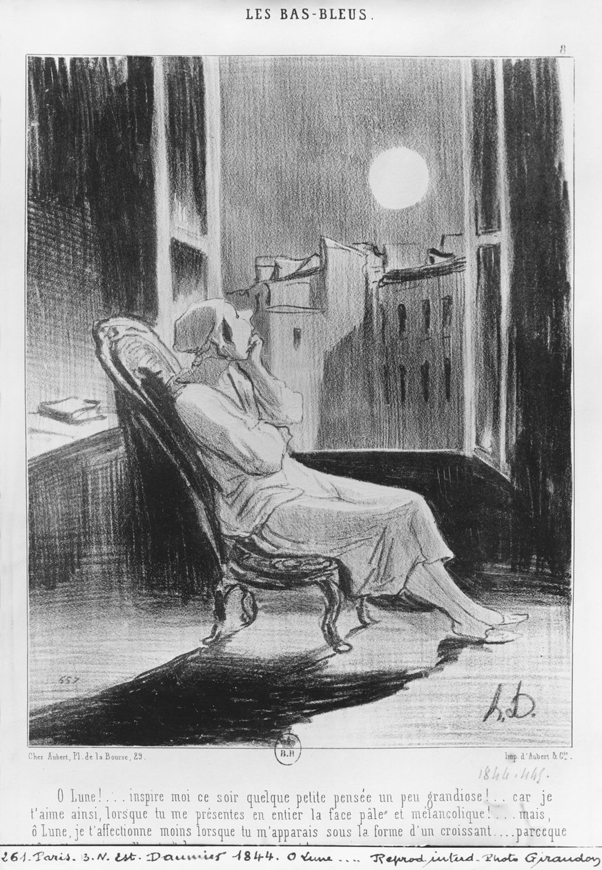 Serien 'Les Bas-Bleus', O Moon!..., plate 8, illustrasjon fra 'Le Charivari', 28. februar 1844 av Honoré Daumier
