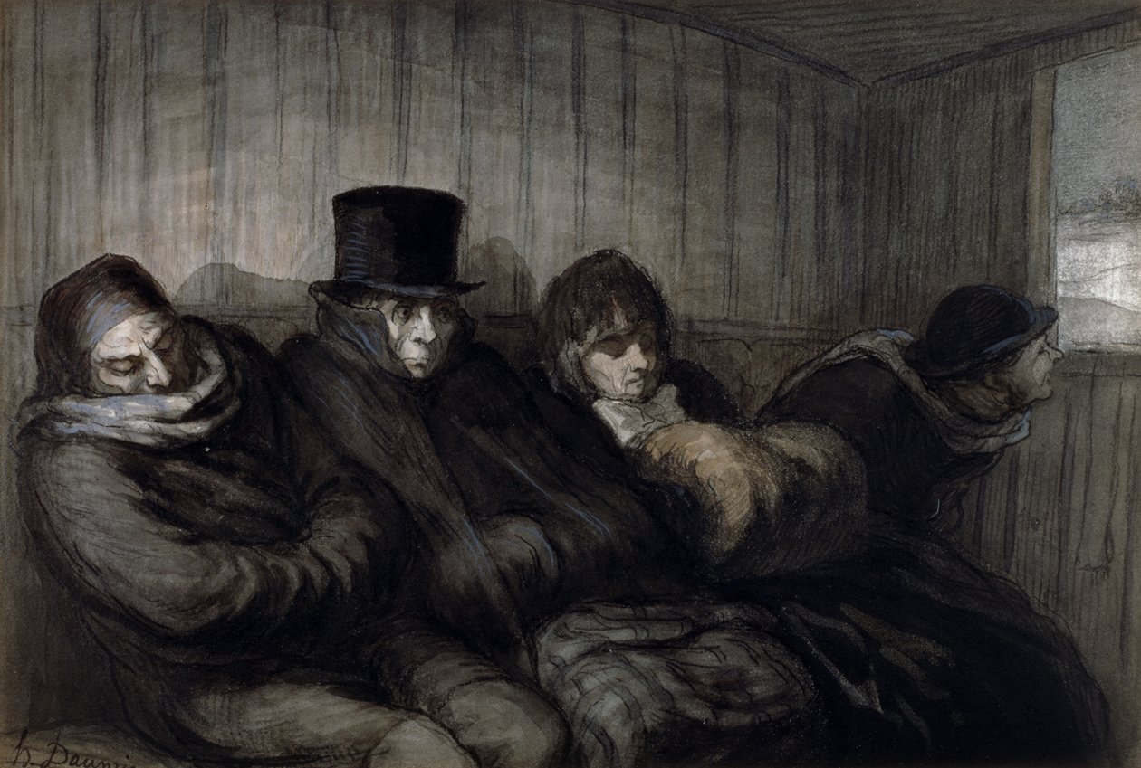 The Second Class Carriage, 1864 (wc, blekkvask og kull på papir) av Honoré Daumier