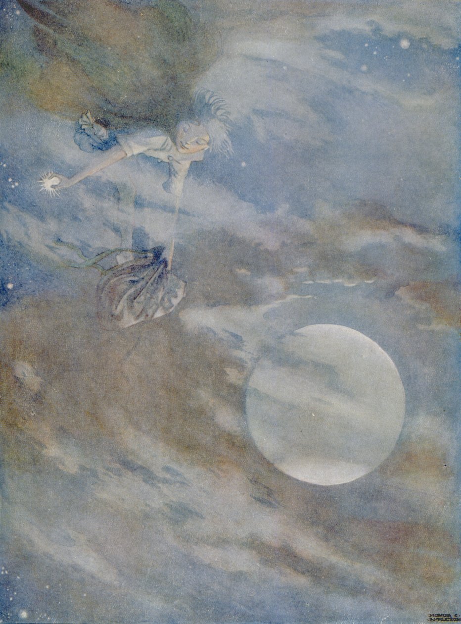 Jeg må hente ned alle stjernene for å polere dem, fra historien om 'Ole-Luk-Oie' i en utgave av 'Eventyr' av Hans Christian Andersen (1805-75) 1920 (akvarell på papir) av Honor Charlotte Appleton