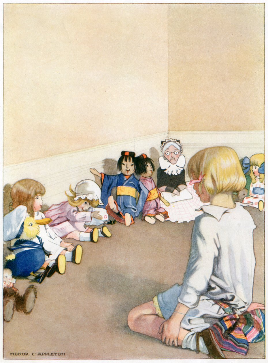 «Det tok litt tid før de ble ganske gode igjen», illustrasjon fra «Josephine er opptatt», av H.C. Cradock, utgitt av Blackie & Son, Ltd. (farge litho) av Honor Charlotte Appleton