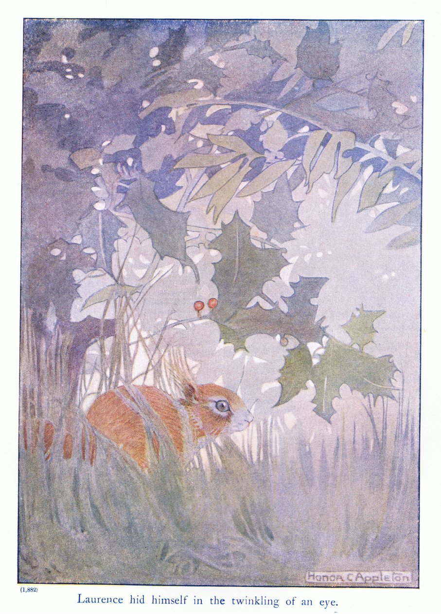 Laurence gjemte seg på et øyeblikk, illustrasjon fra 'More About the Squirrels' av Eleanor Tyrell, ca. 1915 (farge litho) av Honor Charlotte Appleton