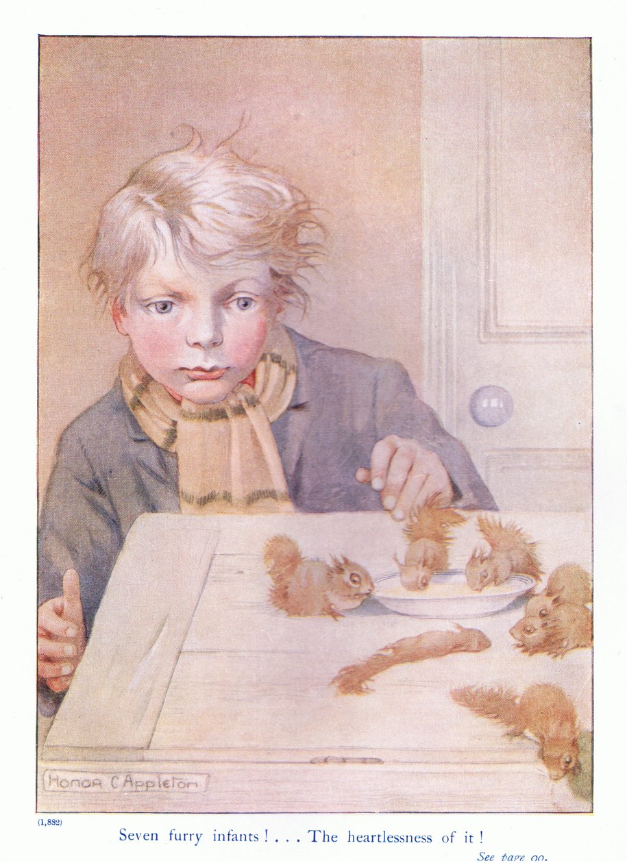 Syv lodne spedbarn, illustrasjon fra 'Mer om ekornene' av Eleanor Tyrell, ca. 1915 (farge litho) av Honor Charlotte Appleton