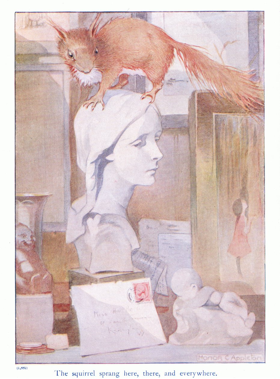 Ekornet sprang her, der og overalt, illustrasjon fra "More About the Squirrels" av Eleanor Tyrell, ca. 1915 (farge litho) av Honor Charlotte Appleton