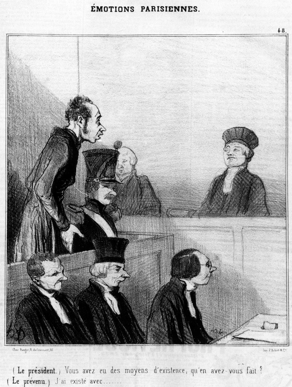 (President) Du hadde et levebrød, hva gjorde du med det? (Tiltalte) Jeg eksisterer med...,, serie tegneserier om parisiske følelser av Honore Daumier (1808-1879). “Charivari” av Honoré Daumier