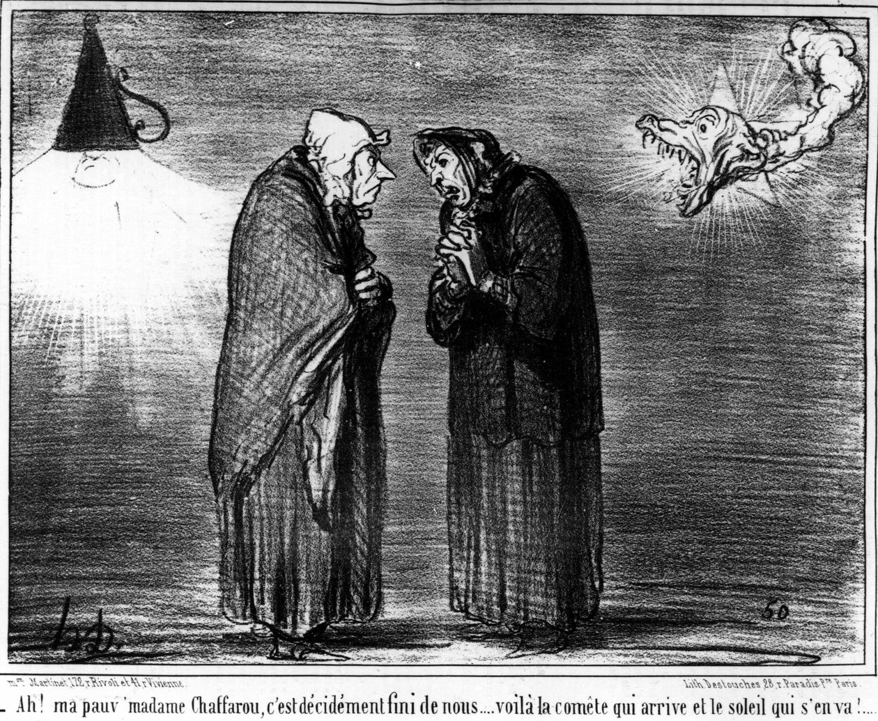 - Ah! Min stakkars Madame Chaffarou, det er definitivt over med oss... her er kometen som kommer og solen går, karikatur av Honore Daumier (1808-1879). “Charivari” av Honoré Daumier