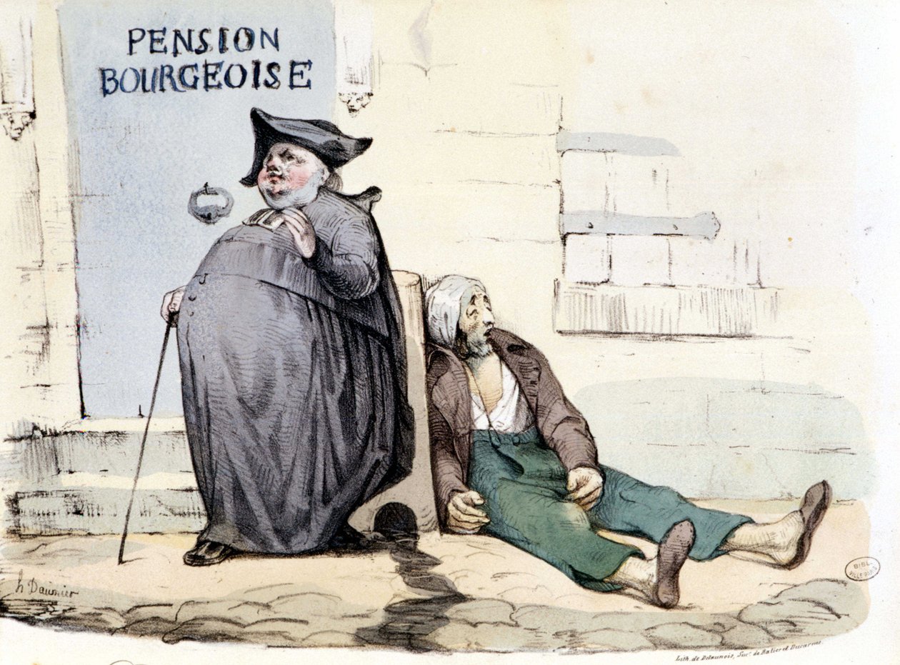 En feit og repu prest ved siden av en stakkars pasient som ligger på bakken - i «La Silhouette» av Honoré Daumier