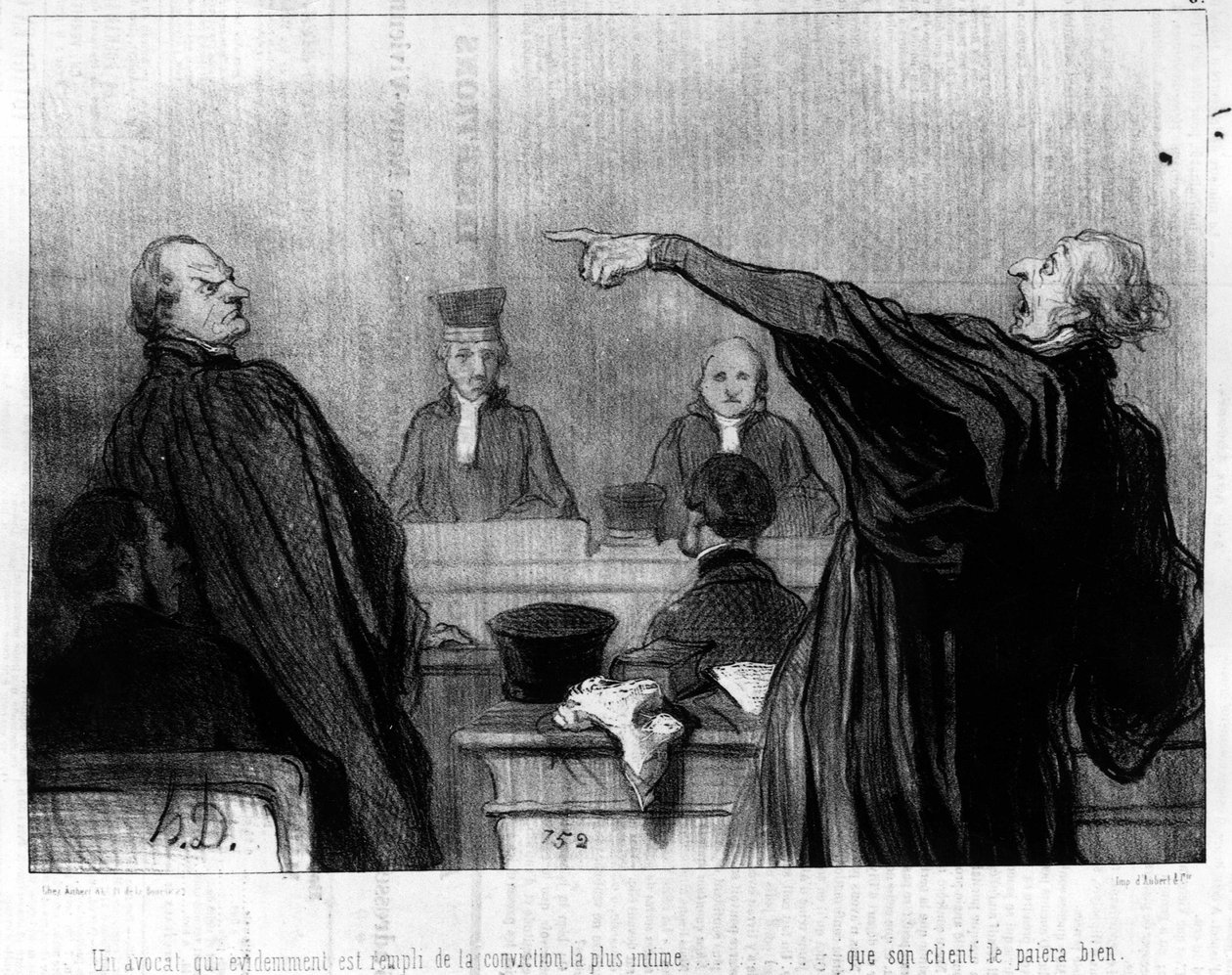En advokat som åpenbart er fylt med den mest intime overbevisning... om at klienten hans vil koble ham godt sammen, hentet fra "Gens de Justice"-serien med tegneserier om Justice av Honore Daumier (1808-1879). “Charivari” av Honoré Daumier