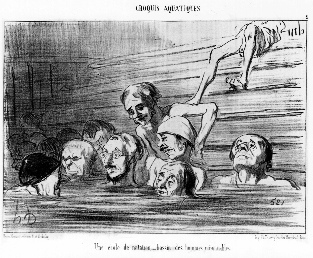En svømmeskole, et basseng av fornuftige menn: illustrasjon hentet fra "" Sketch d'Ete"" serie med tegneserier om svømming av Honore Daumier (1808-1879). “Charivari” av Honoré Daumier