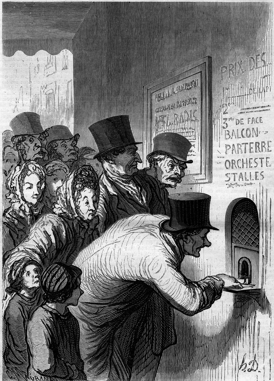 Et teatervindu. Tegneserie av Honore Daumier (1808-1879). Gravering i "" Le Monde Illustré"" nr. 269 av 7. juni 1862. av Honoré Daumier