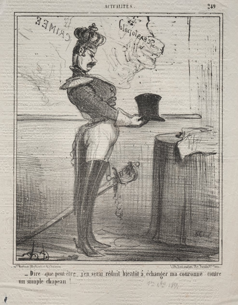 Aktualiteter (nr. 249): De sier at jeg snart skal reduseres til å bytte kronen mot en enkel lue! av Honoré Daumier