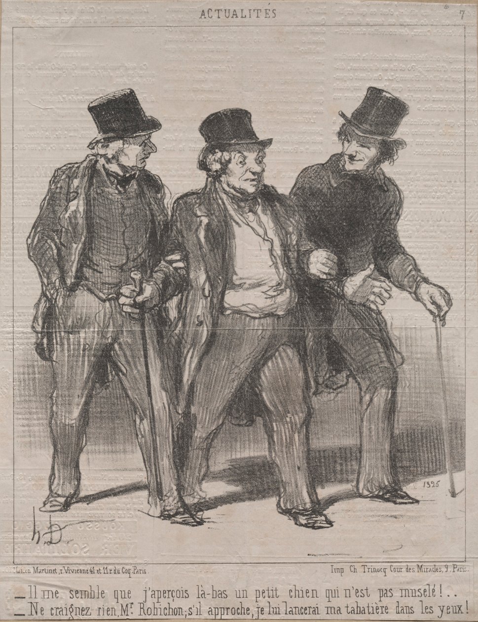 Aktualitet nr. 7: Det ser ut til at jeg legger merke til en liten hund der som ikke har munnkurv!..., 1852. av Honoré Daumier