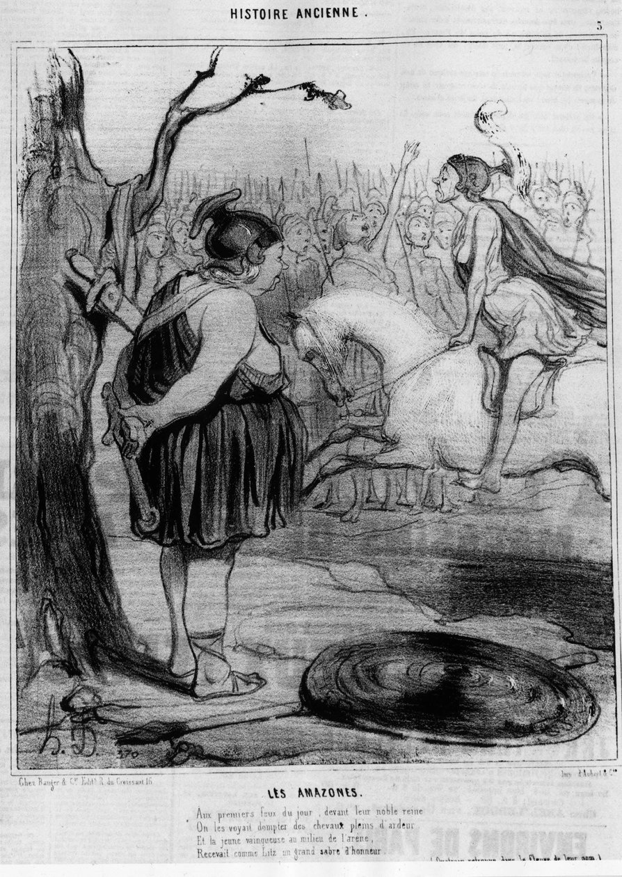 Amazoner. "" I dagens første lys, før deres edle dronning, så de dem temme hester fulle av inderlighet, og den unge kvinnen som vant midt på arenaen, mottok som Litz en stor æresabel."" Serie de l