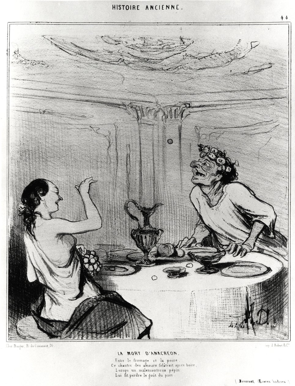 Antikkens historie: Anacreons død, karikatur for å illustrere et utdrag fra badine-verkene til Jacques-Benigne (Jacques Benigne) Bossuet (1627-1704): "Mellom ost og pære, denne sangeren elsker folatrait etter å ha drukket, når en uheldig pepepei av Honoré Daumier